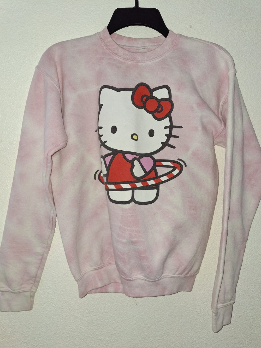 Hello Kitty Pink Tie-Dye Crewneck Sweater with Red Bow Graphic